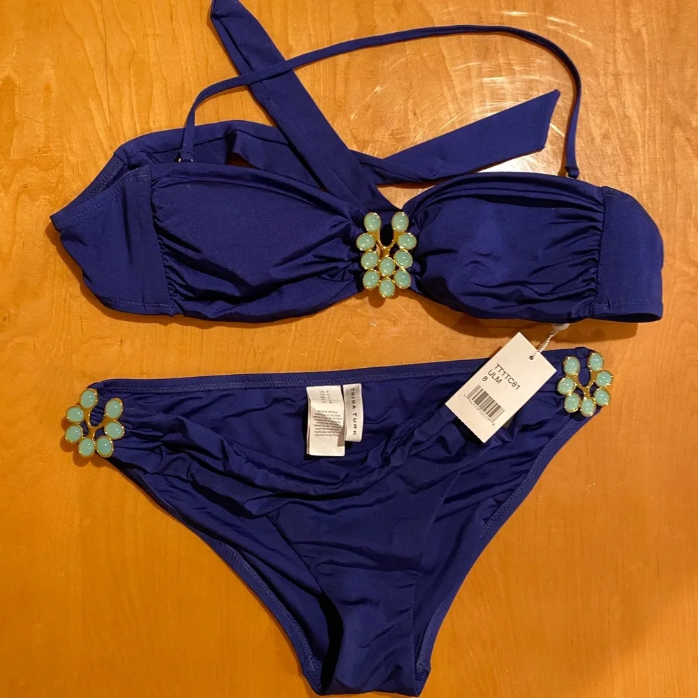 Women Navy Blue Two-Piece Swim Set with Jewel Accents
